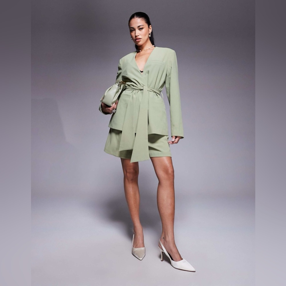 ASOS DESIGN tie waist collarless blazer in pistachio